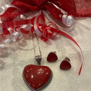 Large Sterling Silver Red Heart Pendant w/ 18 inch Chain & Stud Earrings